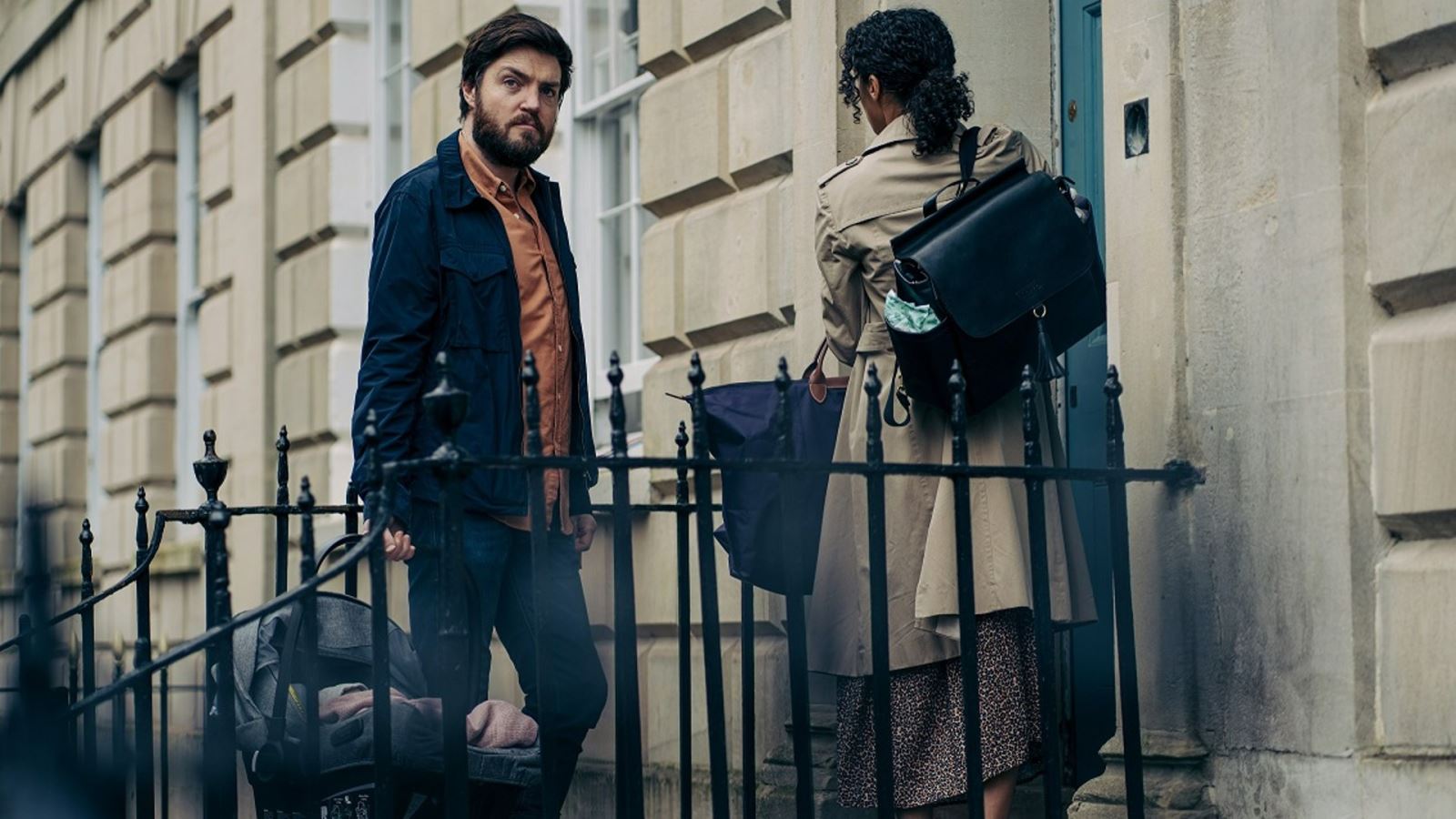 Tom Burke & Vinette Robinson in The Lazarus Project. Location: Berkeley Square, Bristol (image: Sky)